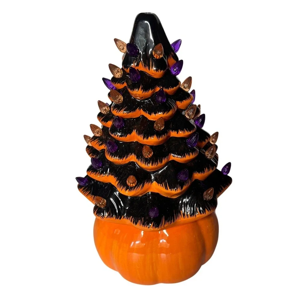 Ceramic Halloween Tree Jack-O-Lantern Base Orange Black Purple Lights  *READ